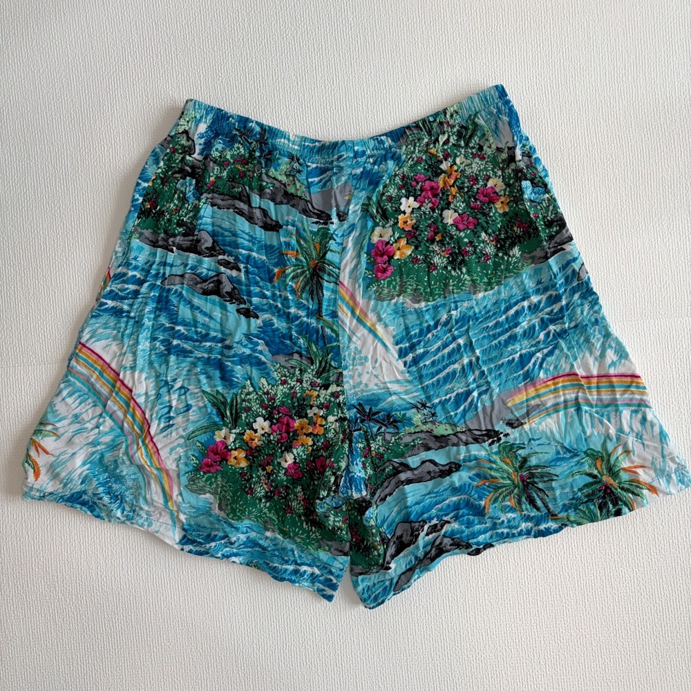 VTG Tropical Island Rainbow Print Shorts Blue Women Wide Leg